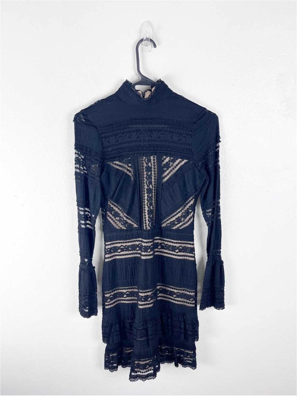 PARKER Topanga Black Textured High Neck Lace Overlay Bell Sleeves Dress Size 4